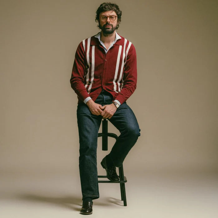 Del Toro Vintage Stripe Polo Cardigan - Burgundy / Cream Stripe
