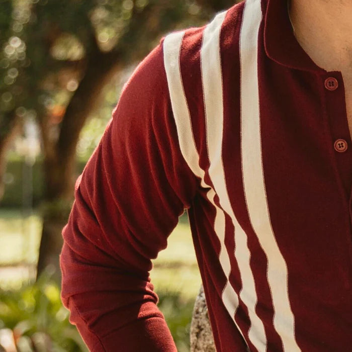 Del Toro Vintage Stripe Polo Cardigan - Burgundy / Cream Stripe