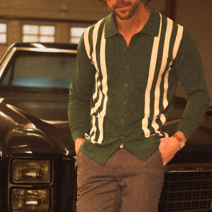 Del Toro Vintage Stripe Polo Cardigan - Green/ Cream Stripe