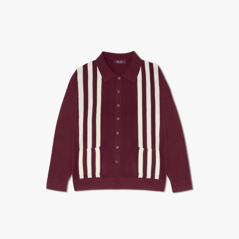 Del Toro Vintage Stripe Polo Cardigan - Burgundy / Cream Stripe