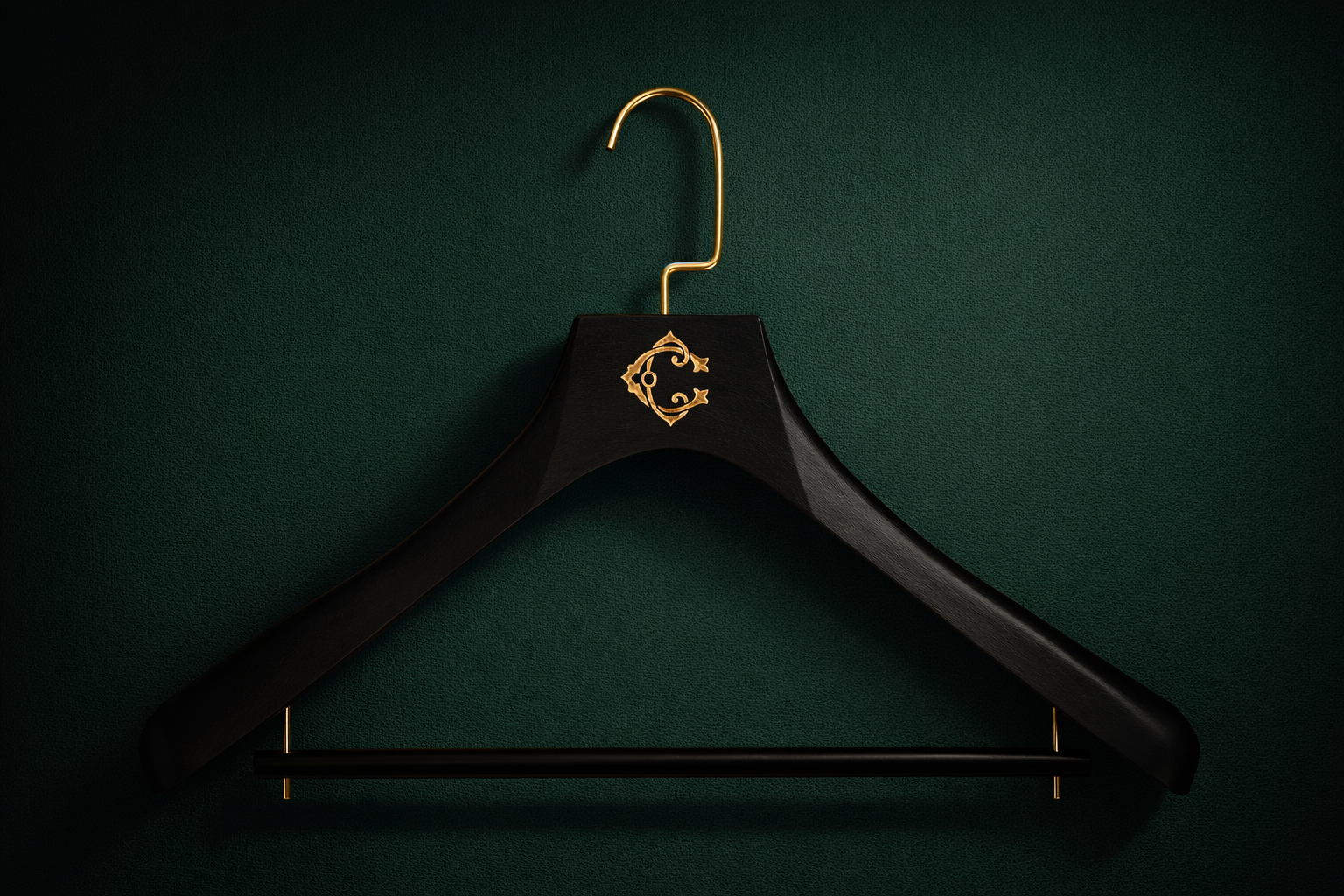 Black hanger with gold hook on a dark green background